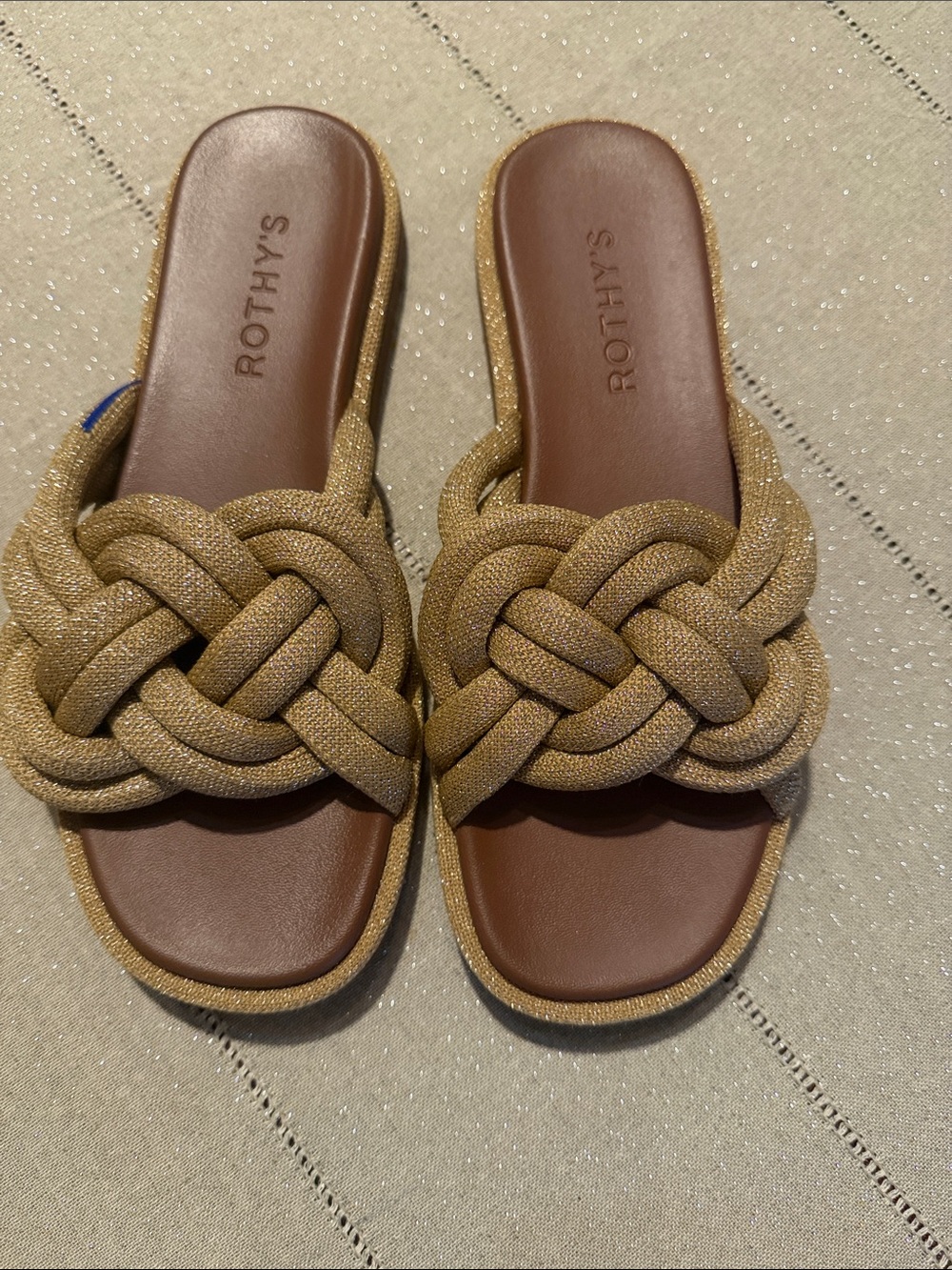 Rothy's Braided Slide Sandal in Metallic Gold and Brown